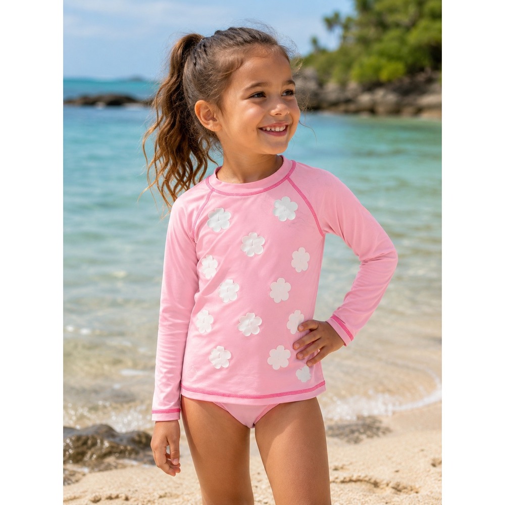 Hanna Andersson Rash Guard Girls 130 US 8 Pink Floral Long Sleeve Sun Protection